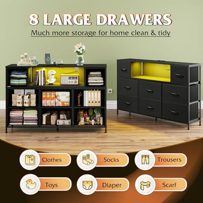 WLIVE Black Dresser TV Stand for 45, 50, 55 inch TV, Entertainment Center with LED Lights & Charging Station, Chest of Drawers with 8 Fabric Drawers and Open Shelves for Living Room, Hallway, Wood Top - color: Black