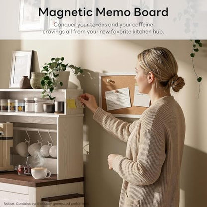 LIKIMIO 57" Farmhouse Coffee Bar Cabinet with Extendable Table & Locking Wheels, Mobile Kitchen Island Storage Cart with Magnetic Board, 5 Hooks, Adjustable Shelf, Space Saving for Apartment, White