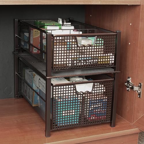 Deco Brothers Stackable Pull Out Cabinet Sliding Basket with Divider, Large | Under Sink Organizer, Bronze - color: Bronze