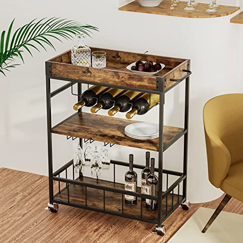 Bar Cart Serving Wine 3 Tier Home Rolling Rack with Wheels Mobile Kitchen Industrial Vintage Style Wood Metal Serving Trolley Serving Cart,Glass Holder Bar Cabinet - size: Rustic Brown, style: Standard
