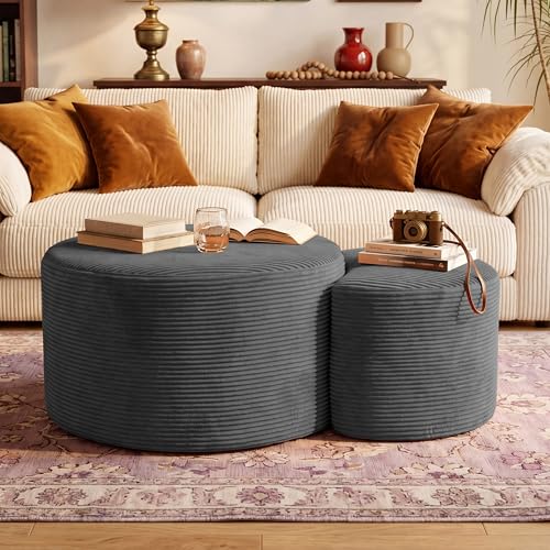 BSHOMGI Boneless Ottoman Nesting Coffee Table Set of 2,Corduroy Soft Foot Rest Movable LargePouf Footstool for Living Room Sofa Couch Bedroom Entryway and Small Spaces No Assembly (Dark Gray) - color: Drak Gray, size: 32" + 17" (2 Tables)
