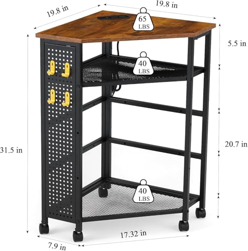 HOMREST Corner Table with Charging Station, 3-Tier Corner Shelf Stand with Metal DIY Panel, Rolling Storage Table on Detachable Wheels for Kitchen, Living Room, Small Space, Rustic Brown