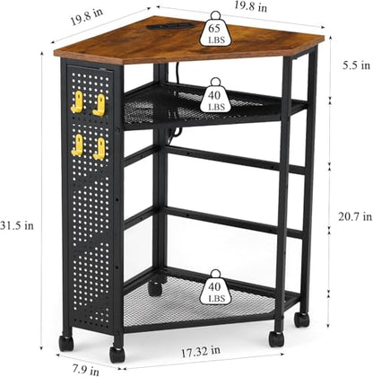 HOMREST Corner Table with Charging Station, 3-Tier Corner Shelf Stand with Metal DIY Panel, Rolling Storage Table on Detachable Wheels for Kitchen, Living Room, Small Space, Rustic Brown