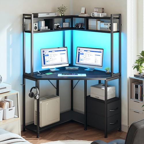 DurayLoly 63"Triangular Corner Desk with Hutch,Ample Storage for Small Room | Spacious 36" W Desktop,2 Fabric Drawers and Bottom Wooden Shelves,Versatile Computer Desk that Meets All Your Needs,Black - color: Black
