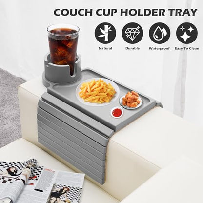 GHKINMAL Couch Cup Holder Tray, Large Couch Arm Table with 360° Ratated Phone Holder, 3 in 1 Bamboo Sofa Armrest Tray with Anti-Slip Couch Organizer for Remote,Cellphone,Snacks - color: Gray