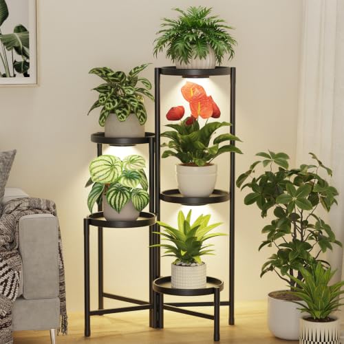 LASZOLA 5 Tier Large Plant Stand Indoor Tall with Grow Lights, Corner Folding Flower Display Rack with 10 Inch Metal Tray, Modern Plant Holder Shelf for Outdoor Patio Porch Garden Living Room, Black - color: Black with Light, size: 5 Tier