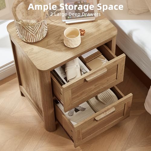 Joaxswe Farmhouse Nightstand with Charging Station, End Tables Bedroom with 2 Large Drawers & 4 Thickened Table Legs, Brown - color: Brown, size: 16"D x 19.7"W x 23.6"H (2 Drawers)