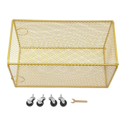 Metal Laundry Storage Basket on Wheels - Square, Rolling Hamper Cart with Mesh Wire & Ring Handles, Stackable Storage Organizer Clothing Sorting Rack for Clothes and Linens, 12"L x 12"W x 22"H (Gold)