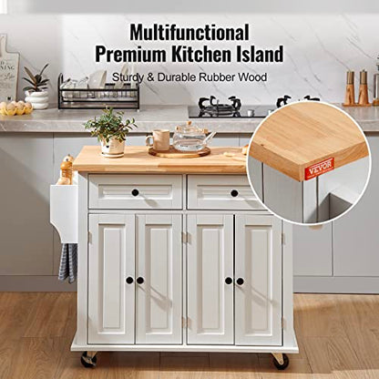 VEVOR Kitchen Island Cart with Solid Wood Top, 35.4" Width Mobile Carts with Storage Cabinet, Rolling Kitchen Table with Spice Rack, Towel Rack, and Drawer, Portable Islands on Wheels, White | Rolling Kitchen Table with Storage Cabinet, Spice Rack, Towel