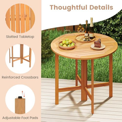 Tangkula 36 Inches Outdoor Folding Round Dining Table, No Assembly Patio Acacia Wood Bistro Table with Slatted Tabletop, 4-Person Outside Dining Furniture for Backyard, Porch, Balcony - size: 36"