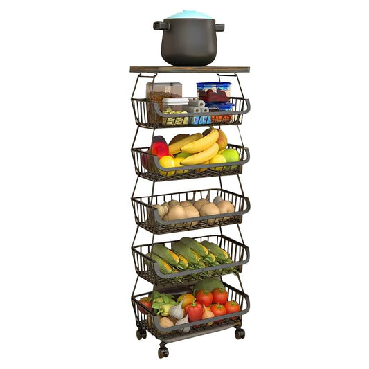 Metal Wire Baskets with Wheels, Kitchen Organizer, 6 Tier Stackable Storage Containers, Fruit and Vegetable Trolley, Dish Rack for Bathroom, Garage and Pantry