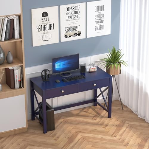 WiberWi Home Office Desk with Drawers, Modern Writing Computer Desk for Bedroom, Small Makeup Vanity Table Study Table for Home Office,Navy - color: Navy