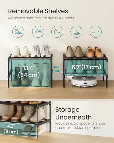 SONGMICS 2-Tier Shoe Rack for Closet, Compact Metal Shoe Organizer Shelf for Entryway, Bedroom, Small Spaces, Stackable, 11.8 x 17.7 x 12.2 Inches, Black ULSA112BH01 - size: 2 Tiers (17.7"W)