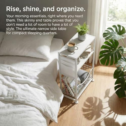 Skinny Side Table with Storage, 3 Tier Slim Side Tables for Small Spaces, Skinny End Table Narrow Bedside Table Narrow Side Table for Living Room, Bedroom - color: White