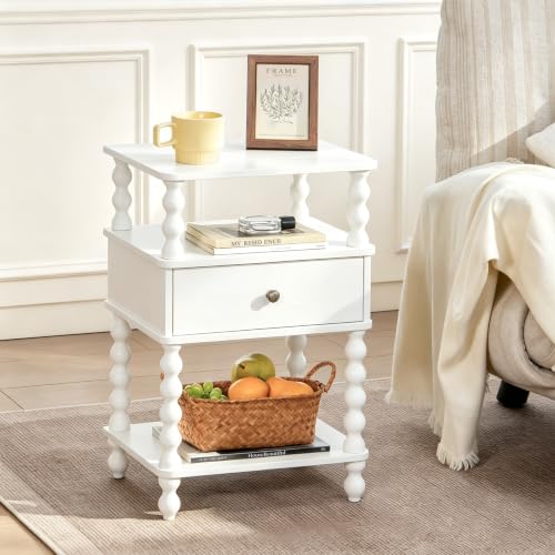 AWASEN White Nightstand, Bed Side Table Bedroom with Drawer, 3-Tier Small Night Stand End Table with Storage for Small Spaces &Solid Wood Spindle Legs, White - color: White