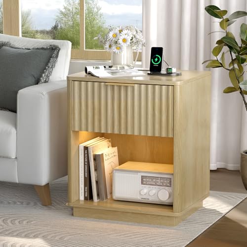 VINGLI Nightstand with Charging Station, LED Nightstand Fluted with Rounded Edge, 19" W Mid Century Modern Night Stand for Bedroom, Fluted Bed Side Table, Oak, 18.9" W*15" D*22.4" H - color: Oak, size: 19"W-1 Drawer 1 Shelf