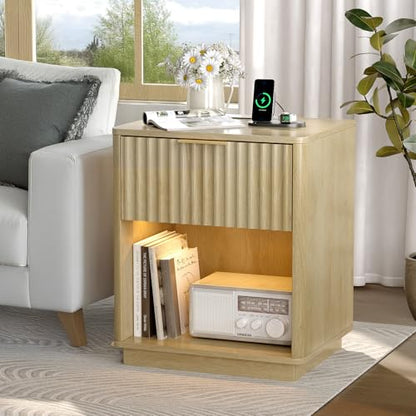 VINGLI Nightstand with Charging Station, LED Nightstand Fluted with Rounded Edge, 19" W Mid Century Modern Night Stand for Bedroom, Fluted Bed Side Table, Oak, 18.9" W*15" D*22.4" H - color: Oak, size: 19"W-1 Drawer 1 Shelf