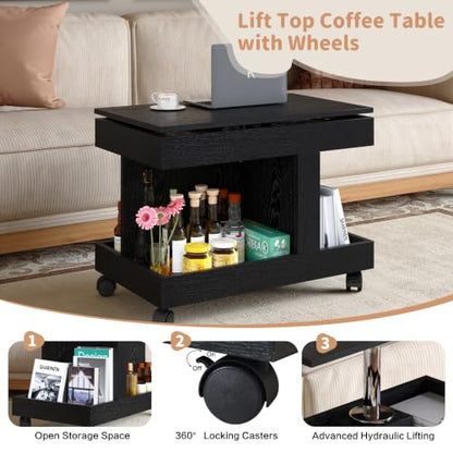 Multifunctional End Table with Wheels and 360° Rotating Desktop | Rolling Design, Storage Compartment, Sofa Side Narrow Table, Bedside Use, Living Room & Bedroom - color: Black-7.15