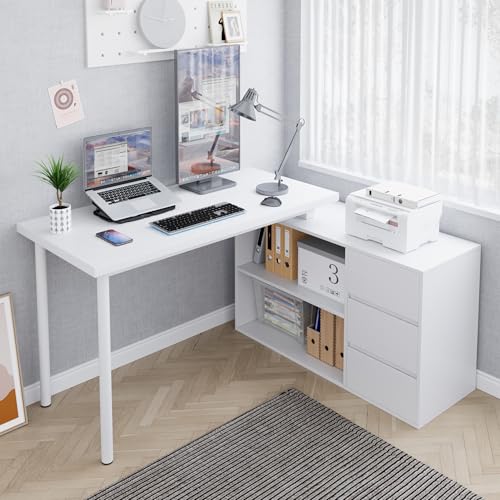 Home Office Computer Desk Corner Desk with 3 Drawers and 2 Shelves, 53-inch L-Shaped Study Desk with Storage, White - color: White