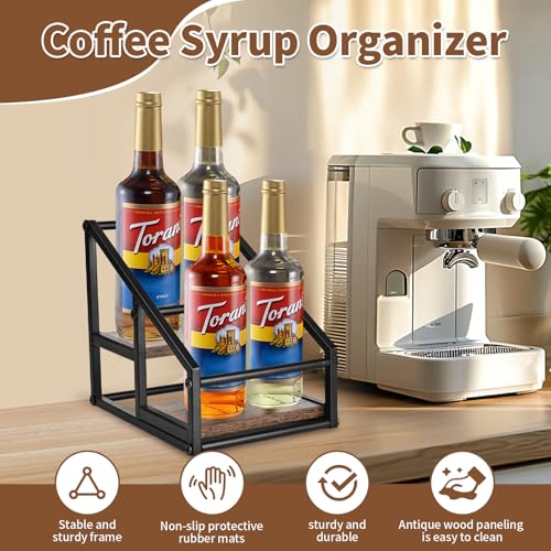 YQBRAO Coffee Syrup Rack Organizer,Liquor Bottle Display Shelf,2-Tier 4 Bottle Stand for Coffee Bar, Kitchen Station, Liquor, Wine, Dressing,Rustic Brown - size: 2 Tier 4 Bottle Syrup Rack - 1 Pack