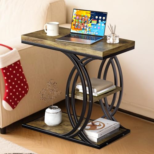 C Shaped End Table, Bed Side Table, 3-Tier Side Table with Metal Frame, Wood End Table with Storage for Living Room, Couch, Sofa, Bedroom, Easy Assembly, 23.6" D*11.8" W*23.6" H, Rustic Brown