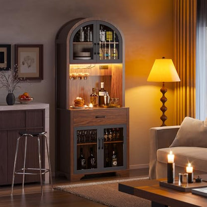 Tall Arched Pantry Cabinet, Kitchen Pantry Cabinet with Drawer and Charging Station, Tall Coffee Bar Cabinet with Storage, Dining Room Kitchen Hutch Storage Cabinet - color: Walnut