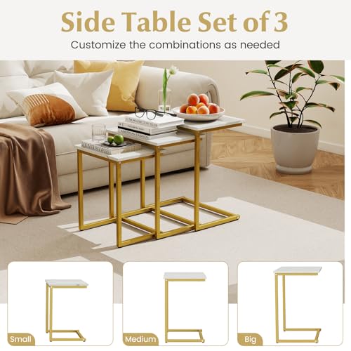 Giantex Nesting Coffee Table Set of 3, Stackable Square End Table w/Faux Marble Tabletop & Heavy-Duty Metal Frame, Farmhouse C-Shaped Accent Table for Small Space, Living Room, Bedroom (White Gold) - color: White Gold