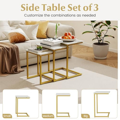 Giantex Nesting Coffee Table Set of 3, Stackable Square End Table w/Faux Marble Tabletop & Heavy-Duty Metal Frame, Farmhouse C-Shaped Accent Table for Small Space, Living Room, Bedroom (White Gold) - color: White Gold