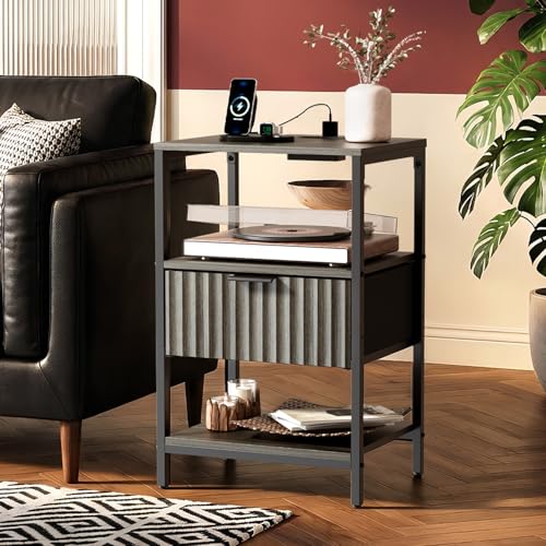 VINGLI Nightstands Set of 2 with Charging Station and Fabric Drawer, Fluted Grey Night Stand Set of 2, Gray Nightstand with Drawer, Bed side Tables/End Tables for Bedroom,14.96"W*11.81"D*23.7"H, 2 pcs - color: Grey, size: 15"W-1 Drawer 2 Shelf