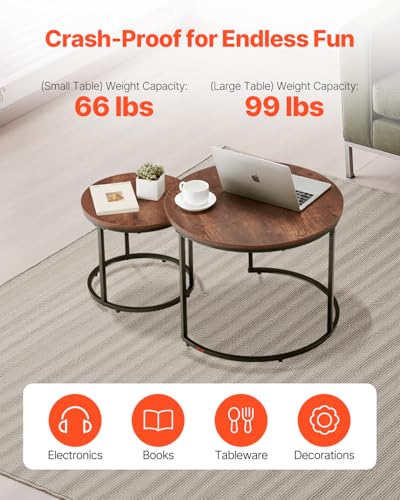 VEVOR Nesting Tables, Coffee Table Set of 2, 23.6 inch Round Coffee Table, Small Coffee Tables Night Stand with Metal Frame, for Living Room, Bedroom, Office (Brown & Black) - color: Brown