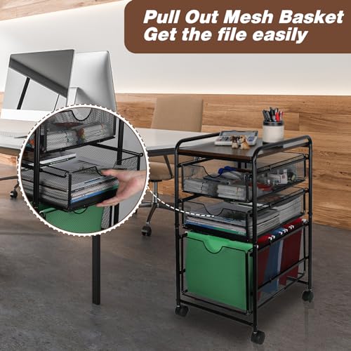 EasyPAG 3-Tier Rolling File Cart with 1 Large & 2 Small Baskets – Adjustable Hanging Organizer, Under Desk Storage, Mobile File Cabinet for Home/Office, Black