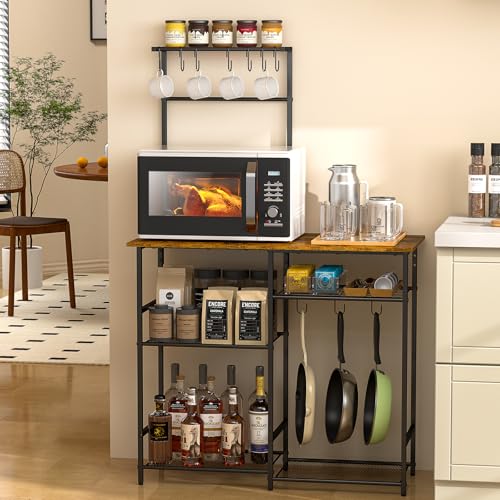 3IngSeagulls Baker's Rack for Kitchen with Storage, Microwave Stand with Adjustable Shelves and 10 S Hooks, 6-Tier Coffee Bar Station, Kitchen Shelves for Spices, Pots, Rustic Brown - color: Brown