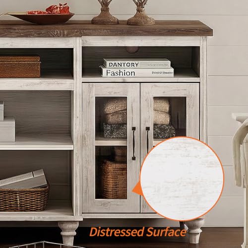 WAMAPT Buffet Cabinet with 4 Glass Doors, Large Coffee Bar Tables Wood Kitchen Storage Cabinets with 9 Storages, Modern Farmhouse Sideboard Credenza, Rustic White, 70 inch - color: Rustic White