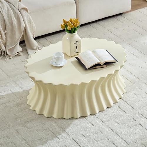 35'' Oval Coffee Table Faux Stone Coffee Table for Living Room Modern Faux Marble Coffee Tables for Indoor Outdoor Unique Center Tables No Assembly, Beige - color: Biscuit-oval