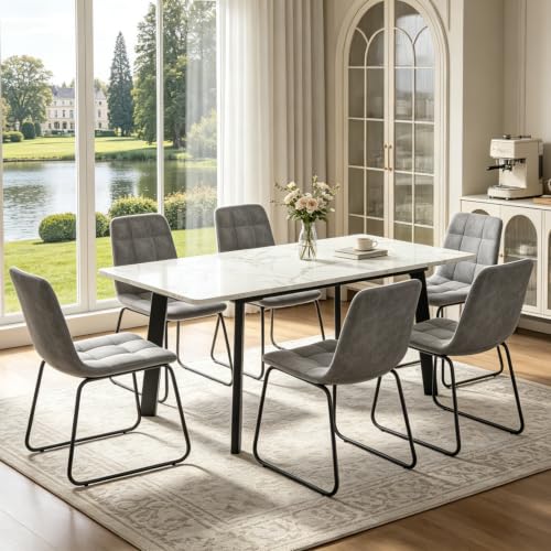 47.2"-63" Extendable Dining Room Table Set for 4-8 People, White | Removable Extension Leaf, Robust MDF Rectangle Tabletop, 6 Grey U-shaped PU Leather Chairs, Heavy Duty Modern Kitchen Table - color: 47.2'' - 63'' White Table+6 U Grey Chairs