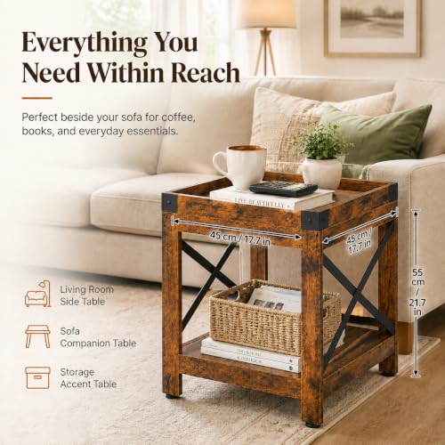 Farmhouse Square Side Table,2-Tier End Table with Storage Shelf | Modern Sofa Couch Table Bedside Nightstand With X-Frame for Living Room Bedroom Office Small spaces,Rustic Brown - color: Rustic Brown, style: Farmhouse