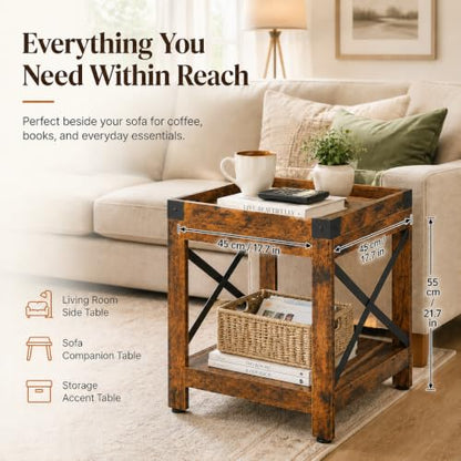 Farmhouse Square Side Table,2-Tier End Table with Storage Shelf | Modern Sofa Couch Table Bedside Nightstand With X-Frame for Living Room Bedroom Office Small spaces,Rustic Brown - color: Rustic Brown, style: Farmhouse