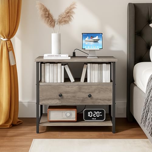 Edbuosy 27 Inch Wide Night Stand with Charging Station, Wood Nightstand with Open Shelf, Large Drawer Bedside Table for Living Room/Bedroom/Office, Rustic Gray - color: Rustic Gray, size: 27"W-1 Drawer