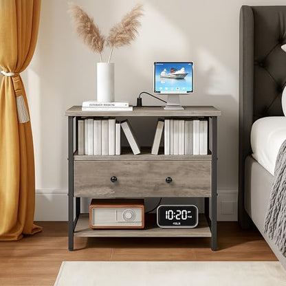 Edbuosy 27 Inch Wide Night Stand with Charging Station, Wood Nightstand with Open Shelf, Large Drawer Bedside Table for Living Room/Bedroom/Office, Rustic Gray - color: Rustic Gray, size: 27"W-1 Drawer