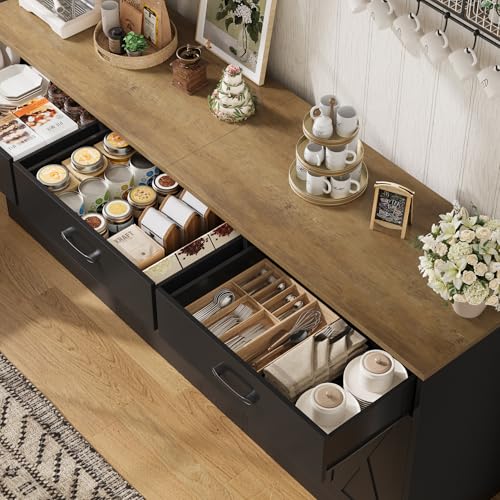 HOSTACK 71"W Farmhouse Kitchen Sideboard Buffet Cabinet with Storage, Black | Large Coffee Bar Cabinet with 3 Wide Drawers, Long Buffet Table with Shelves, Kitchen Storage Cabinet for Dining Room - color: Black