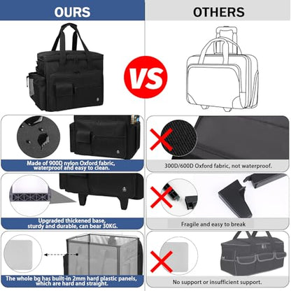 Rolling Teacher Bag Built-in Hard Support Board, Rolling Briefcase with Detachable Trolley, Rolling bag with Laptop compartment, Adjustable Shoulder Strap, and Ample Storage Space - color: Black