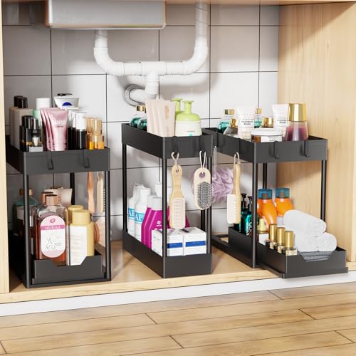 Simple Trending 3 Pack Under Sink Organizer, Pull-Out Cabinet Organizer Drawer, 2 Tier Multi-Purpose Slide Out Storage Shelf for Kitchen Bathroom, Black - color: Black, size: 3 pack