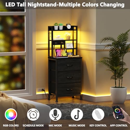 Black Nightstand with Bookshelf, Tall Bedside Table & Night Stand | 3 Fabric Drawers & LED Lights, 45.3" Bed Side & End table with Charging Station in Bedroom, Dorm, Metal Frame, Wood Shelves - color: Black Oak, size: 3 Drawer