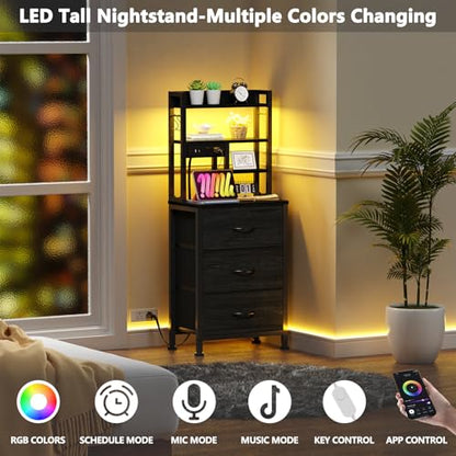 Black Nightstand with Bookshelf, Tall Bedside Table & Night Stand | 3 Fabric Drawers & LED Lights, 45.3" Bed Side & End table with Charging Station in Bedroom, Dorm, Metal Frame, Wood Shelves - color: Black Oak, size: 3 Drawer
