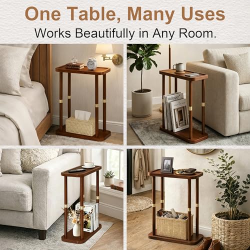 Narrow Side Table, 2-Tier Solid Wood Slim End Table for Small Spaces, 7.5-Inch Skinny Nightstand with Tray Top Storage Shelf for Bedroom, Living Room, Sofa Side, Red Brown - color: Red Brown