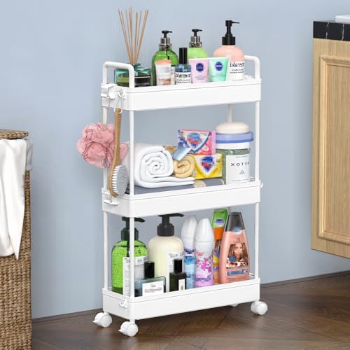 SOLEJAZZ Slim Rolling Storage Cart Skinny Bathroom Organizer, 3 Tier, White | Thin utility cart with wheels for bathroom, laundry room, bedside, kitchen, dorm, office, next to fridge, small narrow places - color: White, size: 3-Tier, 4.76"D