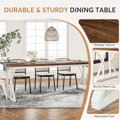 Tribesigns Farmhouse Dining Table for 6-8 People, 78.7-Inch Rectangular Wood Dining Table, Rustic Kitchen Table with Heavy Duty Metal Legs for Dining Room - color: Rustic Brown/White
