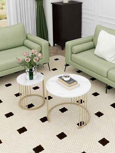 Nesting Coffee Table Set of 2, Round Table, Morden End Side Table Night Stand for Bedroom Dining Room (Marble White) - color: White