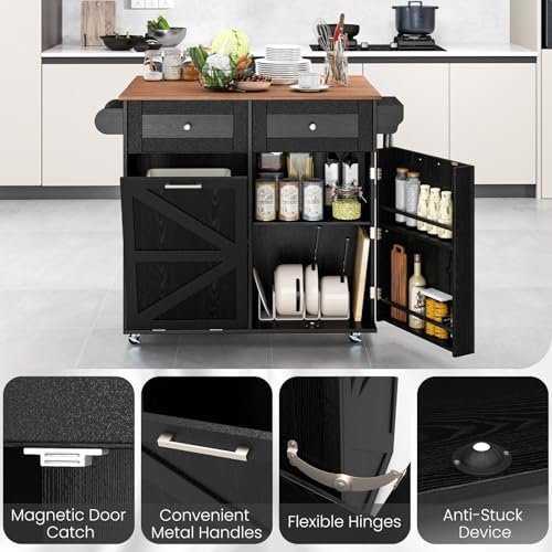 Giantex Kitchen Island Cart with Hidden Tilt Out Trash Can Cabinet, Drop Leaf, 2 Drawers, Towel Rack, Rolling Mobile Breakfast Bar Table, Wood Kitchen Storage Cart on Wheels (Black & Natural) - color: Black