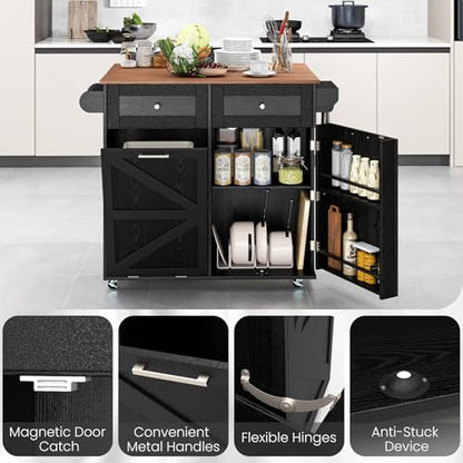 Giantex Kitchen Island Cart with Hidden Tilt Out Trash Can Cabinet, Drop Leaf, 2 Drawers, Towel Rack, Rolling Mobile Breakfast Bar Table, Wood Kitchen Storage Cart on Wheels (Black & Natural) - color: Black